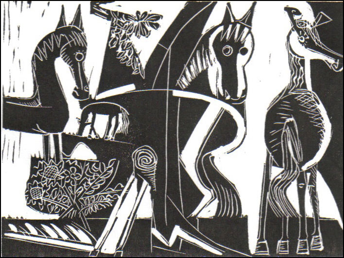 Five Horses (linocut)